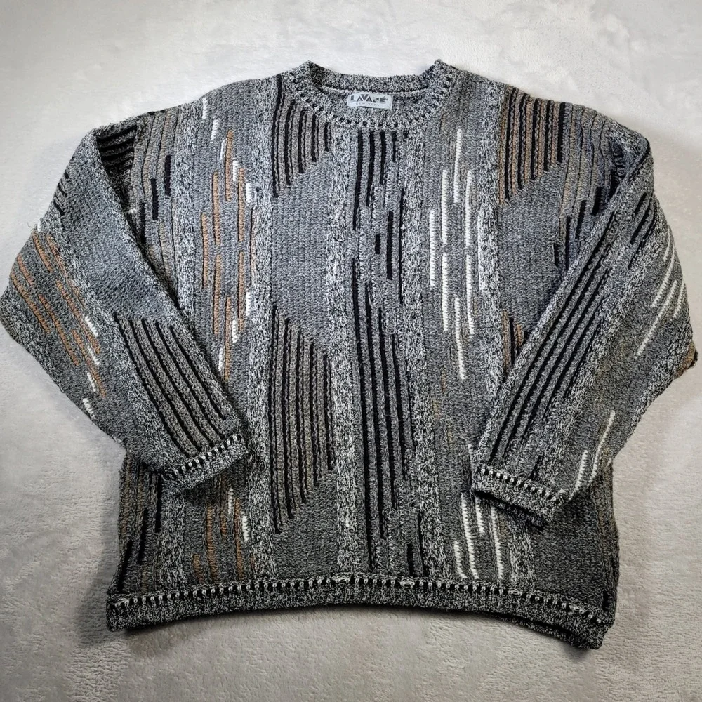 Lavane Sweater Mens Large Gray Vintage 90s 3D Knit Style Crewneck Cosby Dad